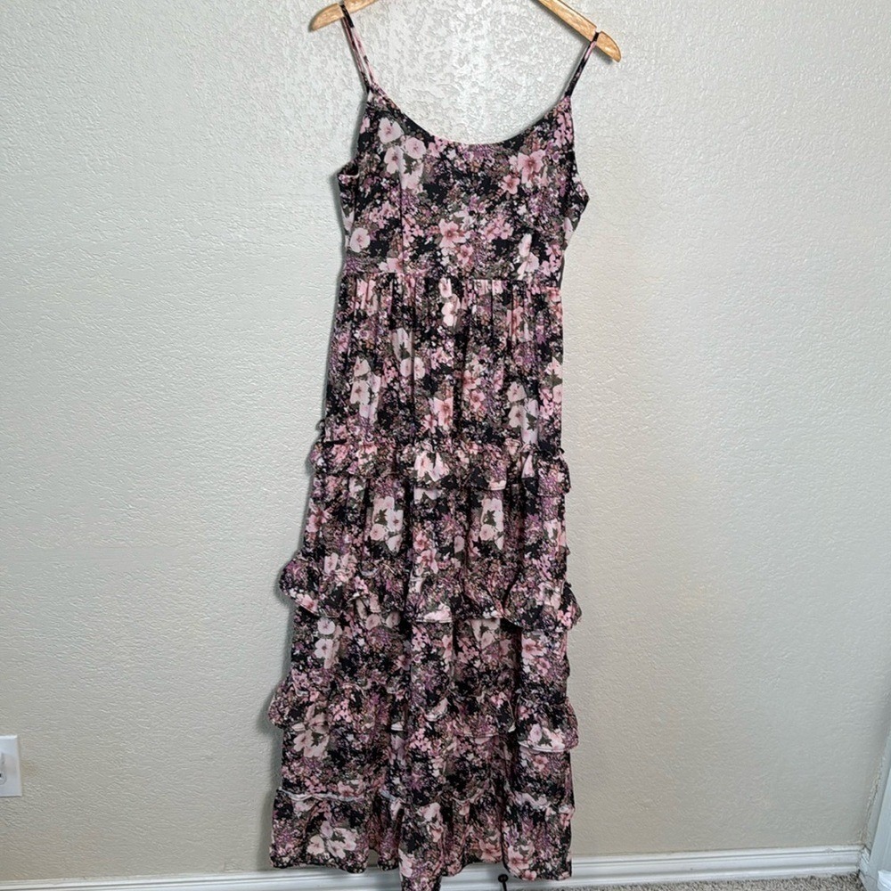 Altar'd State Women's Large Floral Dress Ruffles Spaghetti Strap Stretchy Bodice